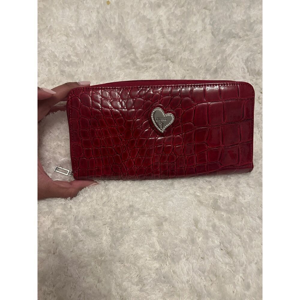 Guess Silver Hardware Red Croc Zip Around Long Wallet